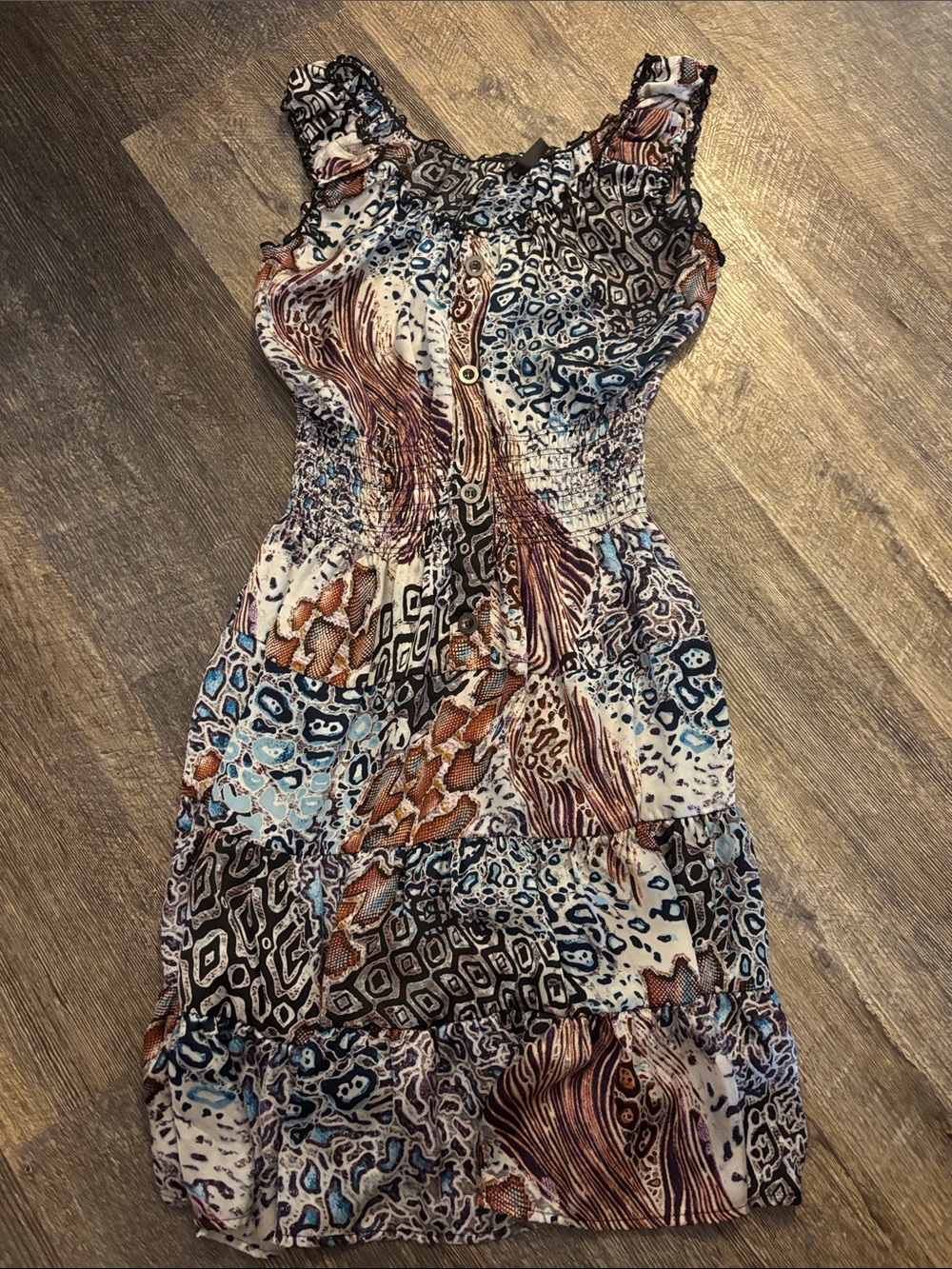 Lapis Sleeveless Midi Dress in Blue, Brown & Cream